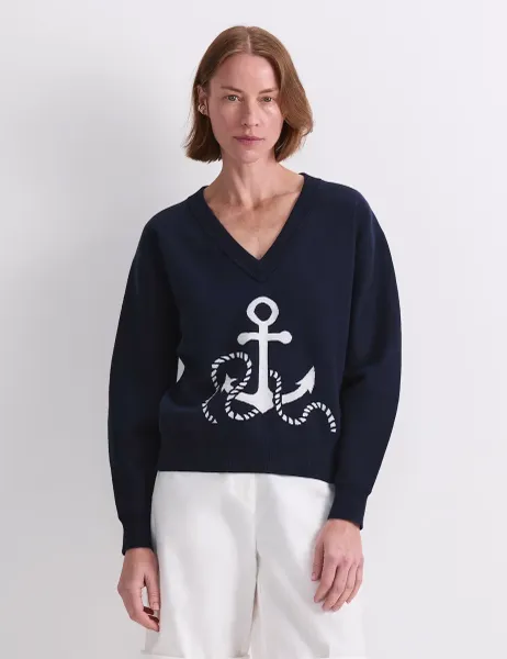 Sportscraft Cotton Rich Anchor Jacquard V-Neck Jumper Navy