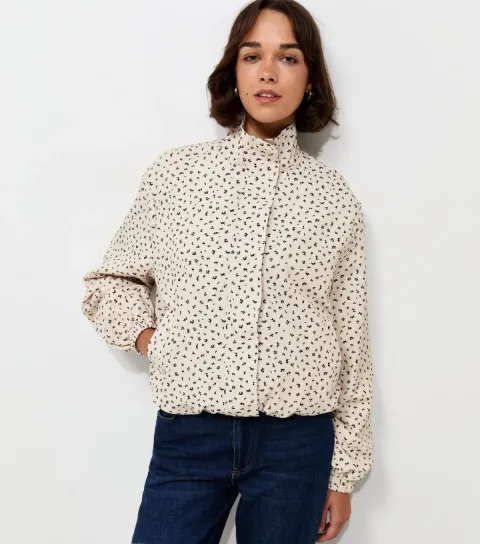 Women's Cream Ditsy Floral Bubble Hem High Neck Jacket