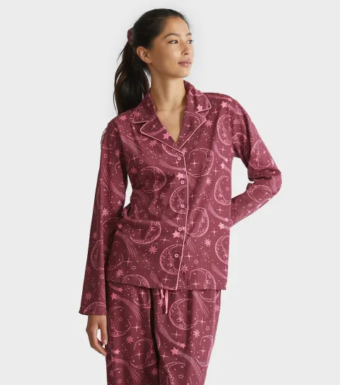 Women's Burgundy Celestial Print Shirt and Trousers Pyjama Set
