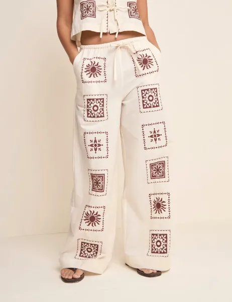 Pure Cotton Printed Wide Leg Trousers Cream