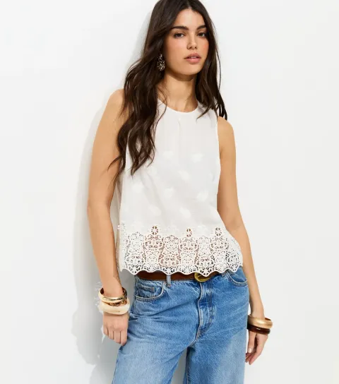 Women's Off White Cotton Embroidered Sleeveless Top