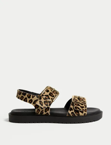 Marks & Spencer Leather Leopard Print Flatform Sandals Brown Mix