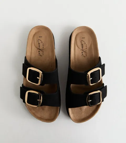 New Look Women's Black Cork Sole Double Strap Mule Sandals Vegan