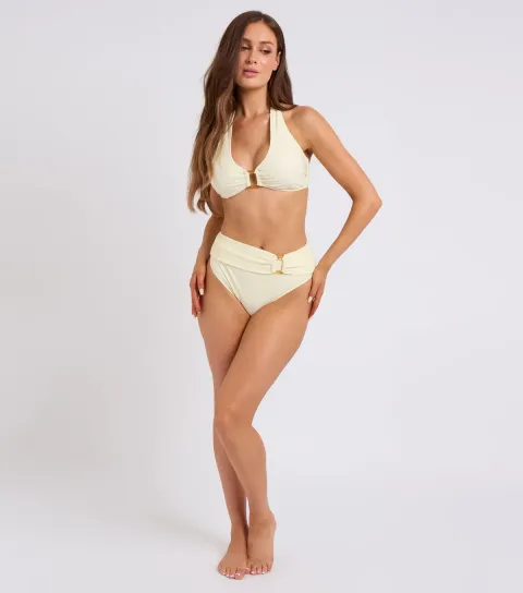 Women's Light Yellow Ring Detail High Waisted Bikini Bottoms