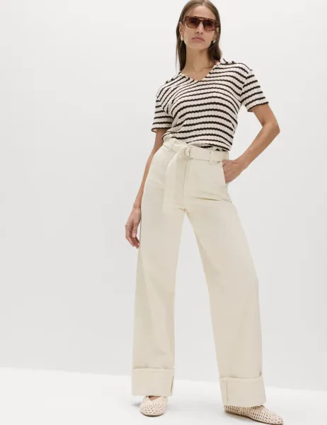 Pure Cotton Belted Wide Leg Turn Up Jeans Ecru
