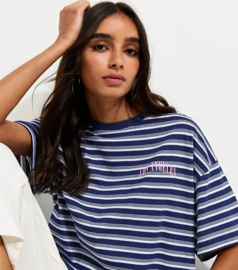 Women's Blue Cotton Striped Los Angeles Logo Oversized T-Shirt