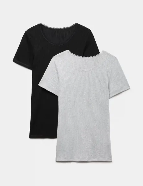 Marks & Spencer 2 Pack Medium Warm Thermal Short Sleeve Pointelle Tops Black Mix