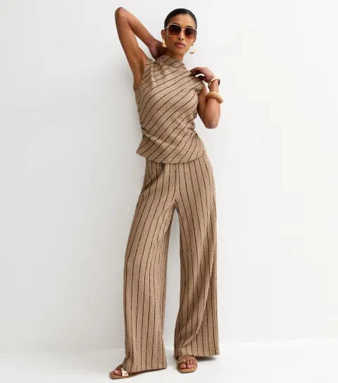 Women's Brown Crinkled Striped Wide Leg Trousers