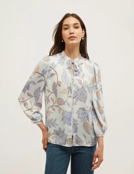 Hobbs Floral Tie Neck Button Through Blouse Blue Mix