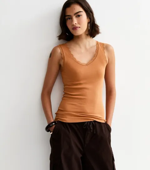 Women's Tan Lace Trim Vest