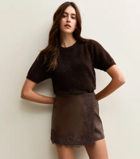 Women's Brown Faux Leather Lace Trim Wrap Mini Skort