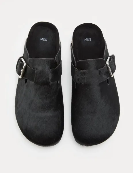 Marks & Spencer Leather Hair On Scallop Edge Strap Clogs Black