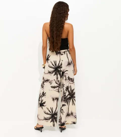Women's Petite White Palm Tree Print Wide Leg Trousers