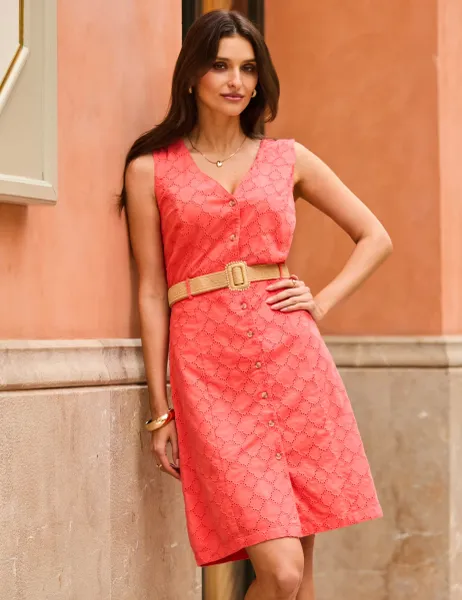 SOSANDAR Pure Cotton Broderie Button Front Midi Shift Dress Pink