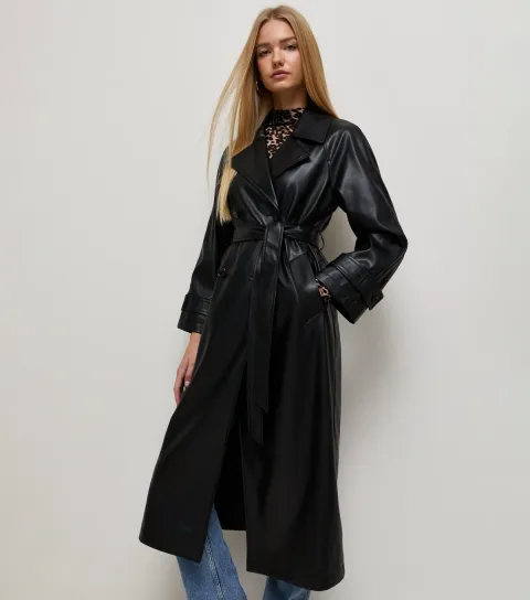 New Look Women's Camel Faux Leather Longline Trench Coat