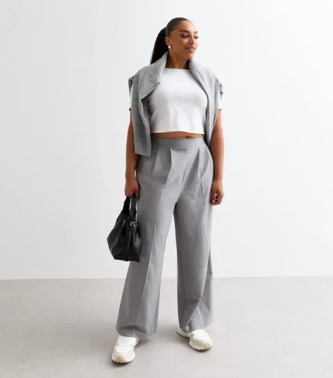 Women's Plus Size Grey Pleated Wide Leg Trousers Curves