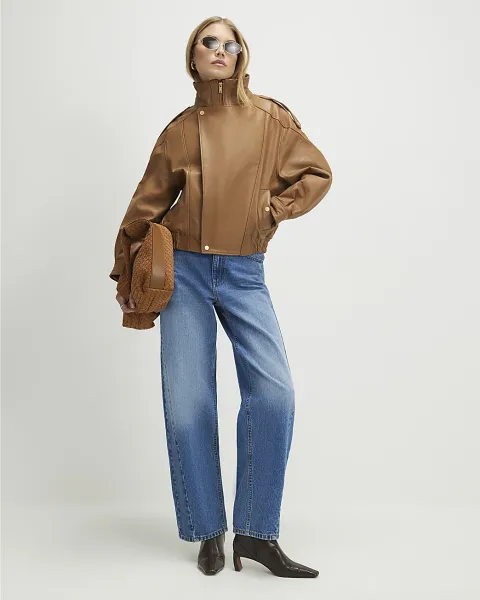 River Island Leather Funnel Bomber Jacket