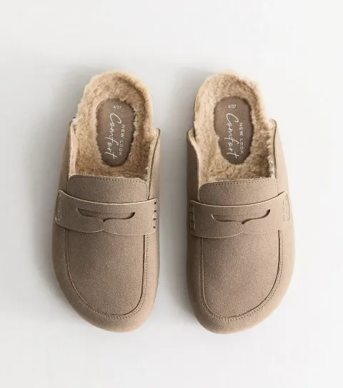 Women's Light Brown Faux Suede Borg Loafer Mules Vegan
