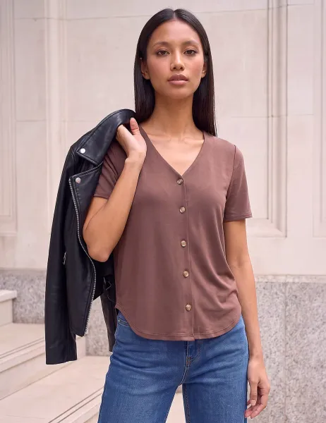 Roman Soft Touch V Neck Button Through Blouse Chocolate