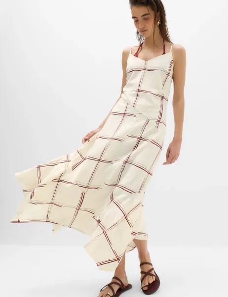 Marks & Spencer Linen Rich Printed V-Neck Hanky Hem Dress Ivory Mix