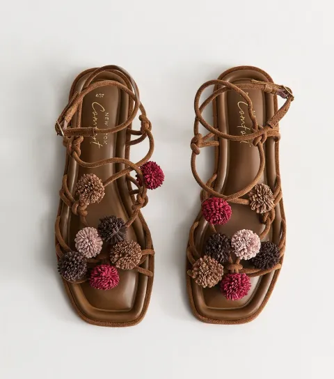 Women's Tan Faux Suede Pom Pom Embellished Sandals Vegan