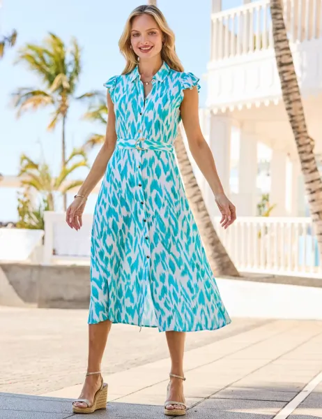 SOSANDAR Printed Belted Midi Shirt Dress Blue Mix