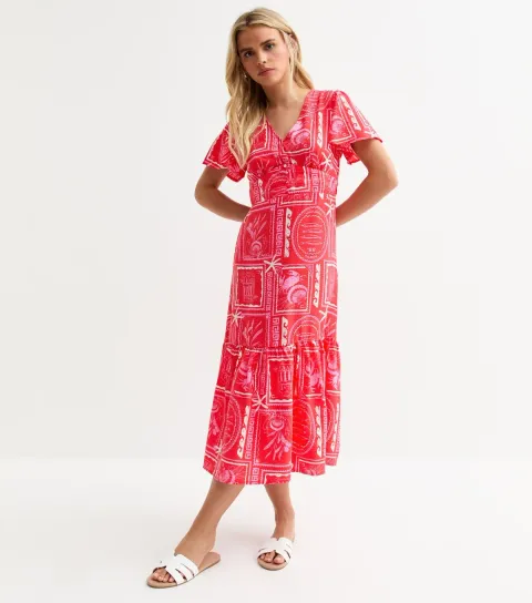 New Look Women's Petite Pink Sea Print Tiered Midi Dress