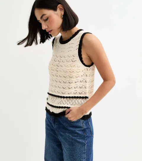 Women's Cream Open Knit Contrast Trim Vest