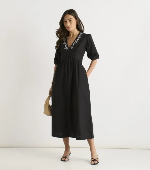 Women's Black Puff Sleeve Floral Embroidered Midi Dress