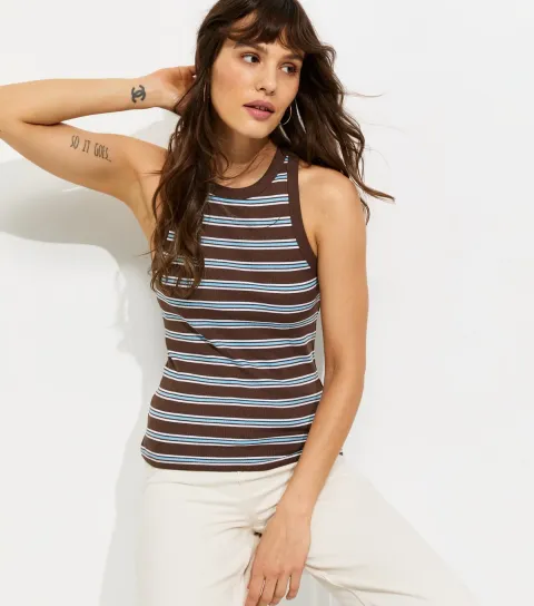 Women's Tall Brown Cotton Rich Stripe Racer Vest