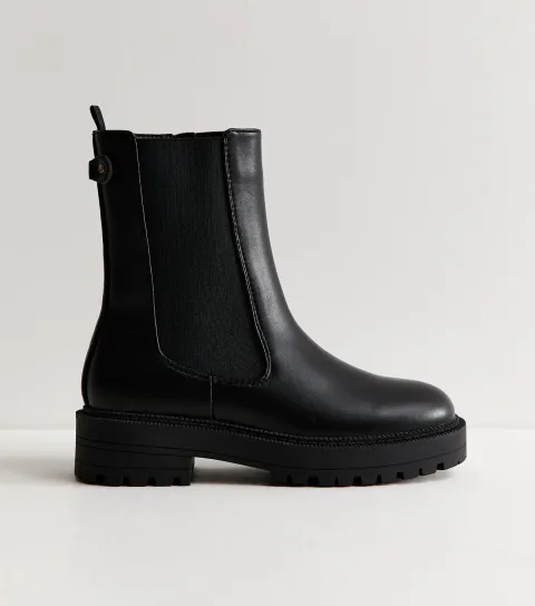 Women's Black Faux Leather Chunky Sole Chelsea Ankle Boots Vegan
