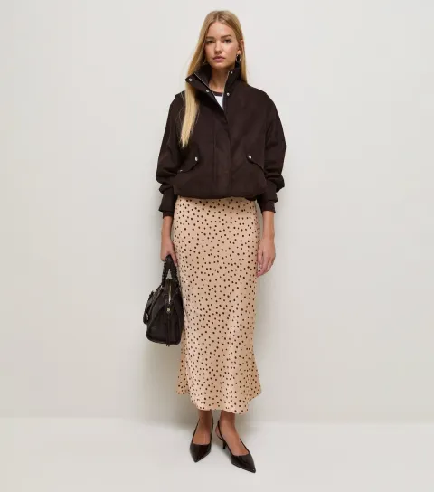 Women's Brown Satin Spot Bias Cut Midi Skirt