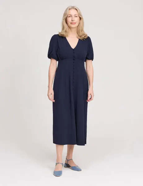 Finery London V-Neck Button Through Midi Tea Dress Navy
