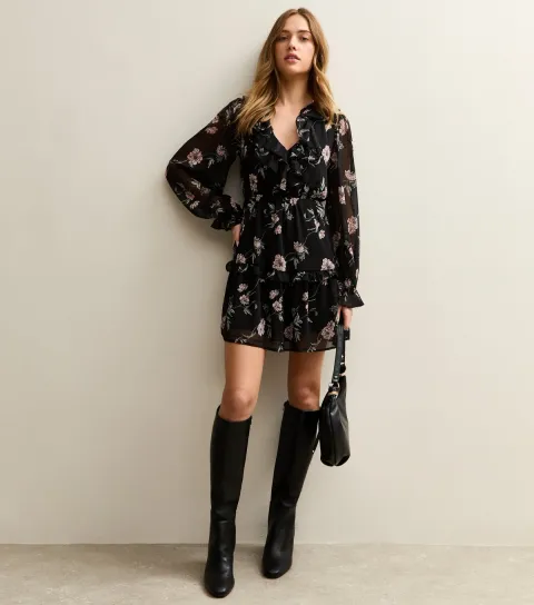 New Look Women's Black Floral Chiffon Mini Dress