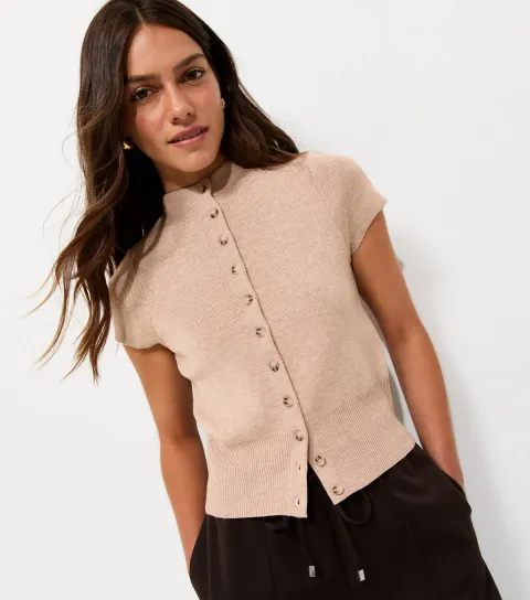 Women's Petite Oatmeal Knitted High Neck Cap Sleeve Cardigan