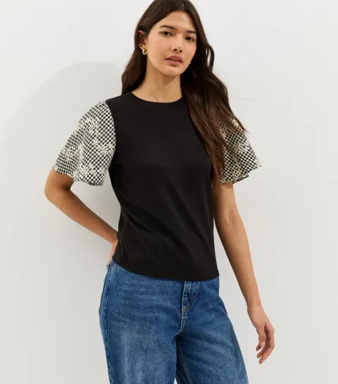 Women's Black Embroidered Check Sleeve T-Shirt