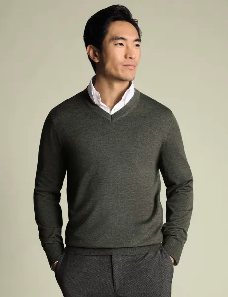 Charles Tyrwhitt Pure Wool V-Neck Jumper Khaki
