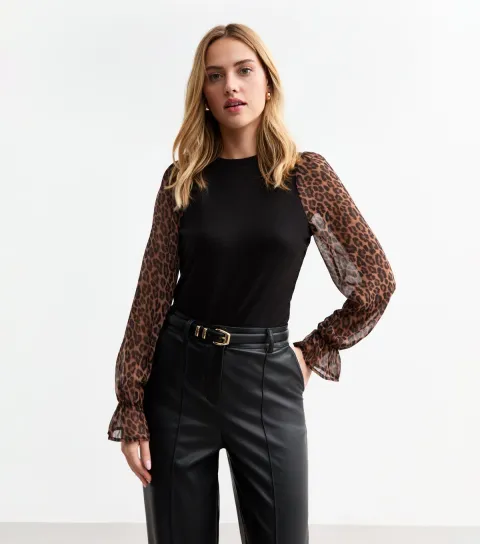New Look Women's Black Soft Touch Leopard Print Sleeve Top