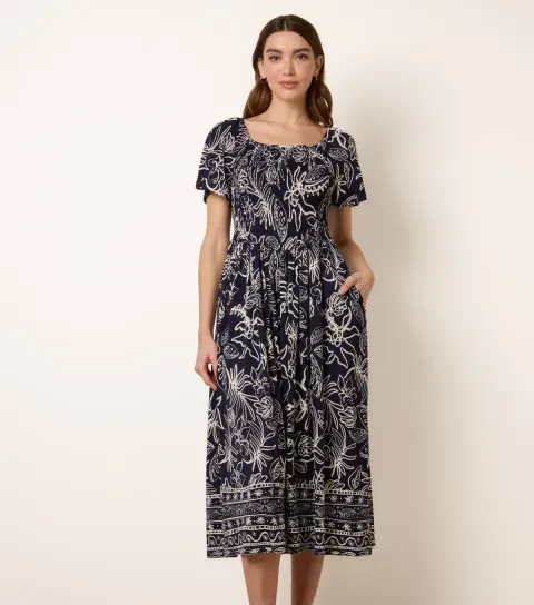 Women's Navy Floral Shirred Midi Dress