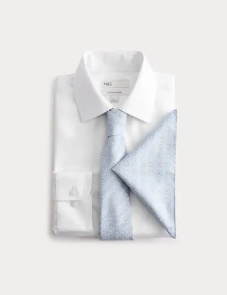 Marks & Spencer 3 Piece Regular Fit Easy Iron Shirt & Tie Set Blue Mix