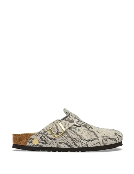 Birkenstock Boston Suede Snake Print Footbed Clog Mules Beige