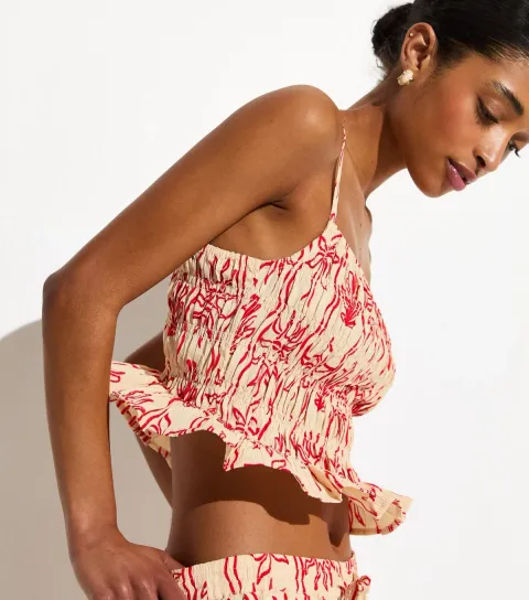 Women's Red Sun Print Shirred Cami Beach Top