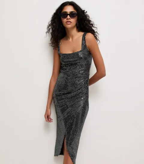 Women's Black Sequin Square Neck Wrap Midi Dress