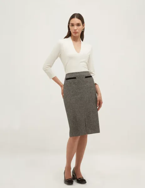 Hobbs Pure Wool Tweed Knee Length Pencil Skirt Black Mix