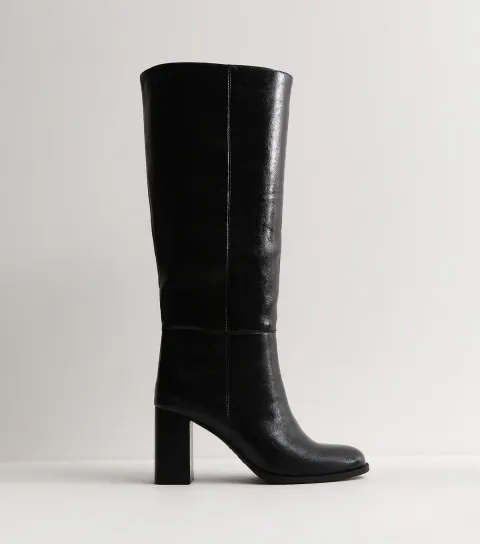 Women's Black Faux Leather Pull On Stacked Heel Boots Vegan