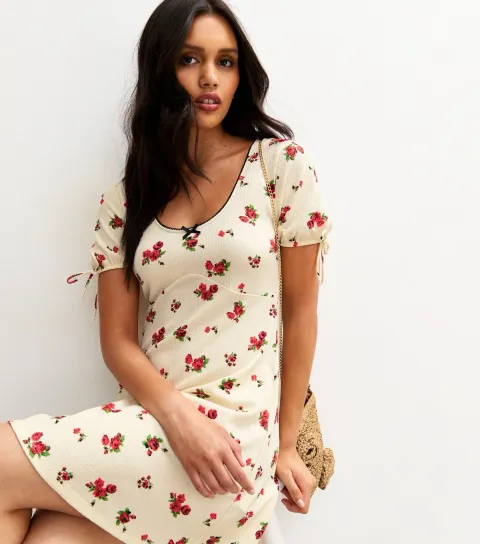 Women's Cream Textured Jersey Floral Print Mini Dress