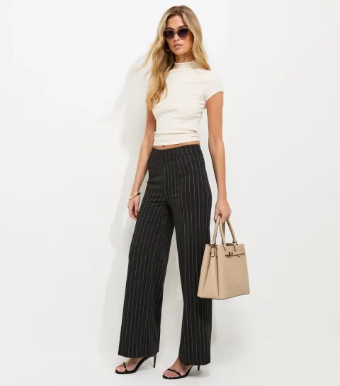 Women's Tall Black Striped Wide Leg Trousers