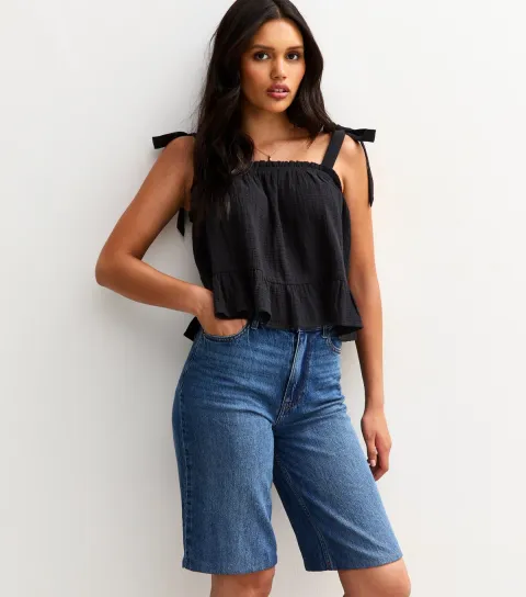 New Look Women's Black Textured Tiered Hem Tie Strap Top