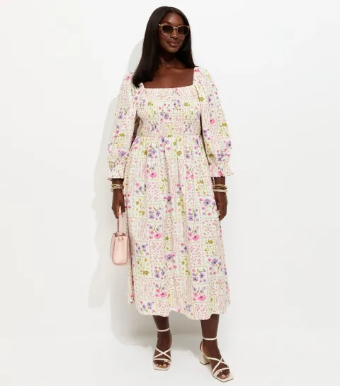 Women's Plus Size Cream Floral Print Cropped Sleeve Shirred Midi Dress Curves