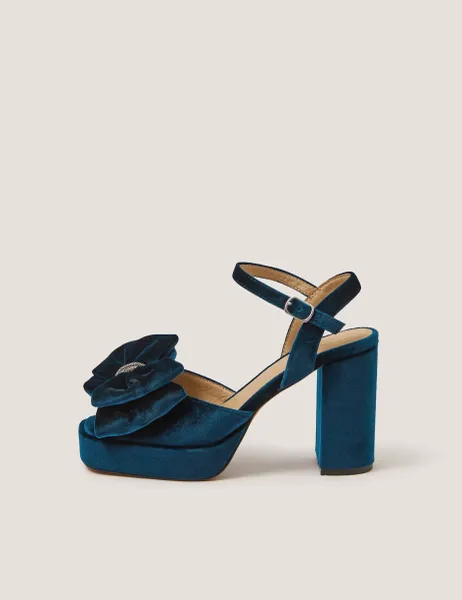 Monsoon Velvet Bow Ankle Strap Platform Sandals Teal